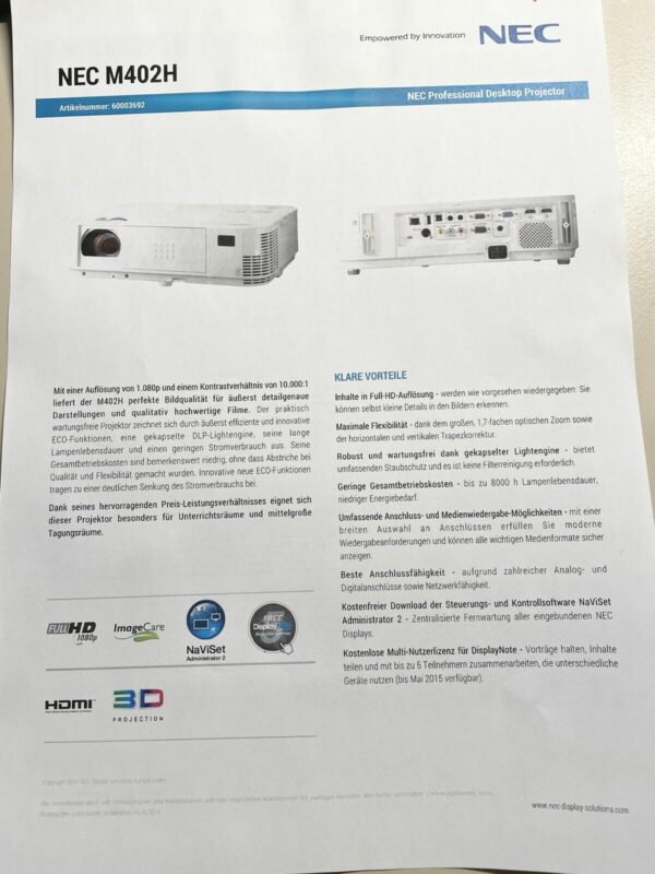 NEC M402H FULL HD 3D Professional Desktop Projektor Heimkino Beamer 2297h DLP – Bild 7